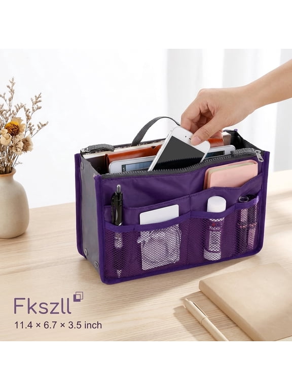 Tote Bag Organizer Insert, Nylon Purse Organizer with Handles for Handbags & Travel, Large, Purple