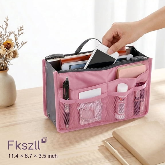 Purse Organizer Insert for Tote Bag, 13 Pockets Nylon Bag in Bag Handbag Organizer for Travel, Large, Pink