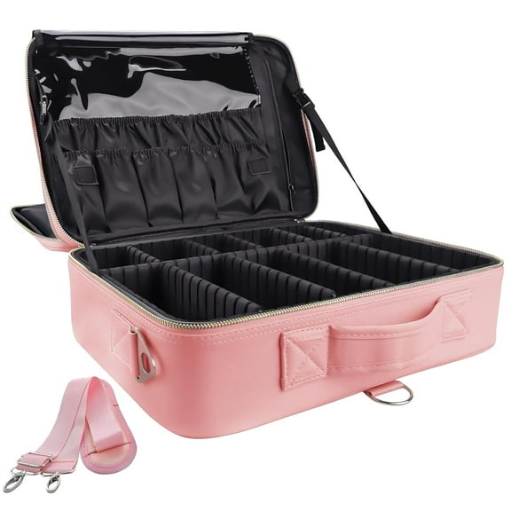 Large Capacity Travel Makeup Train Case, Professional Cosmetic Organizer Bag with Adjustable Dividers, Portable Brush Storage and Shoulder Strap