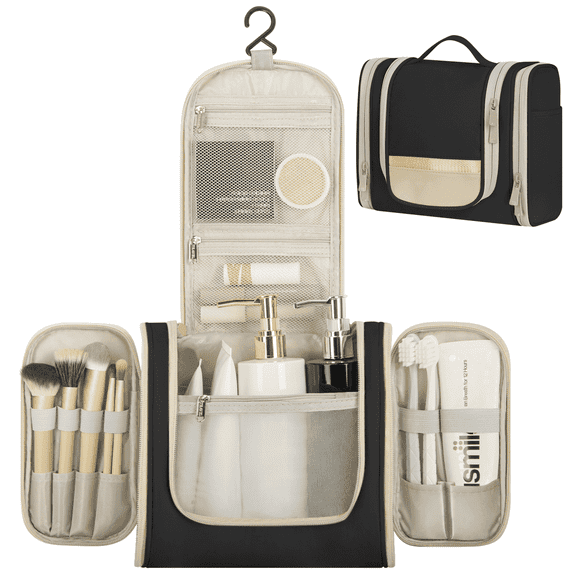 Large Capacity Travel Toiletry Bag in Black with Hanging Hook for Accessories