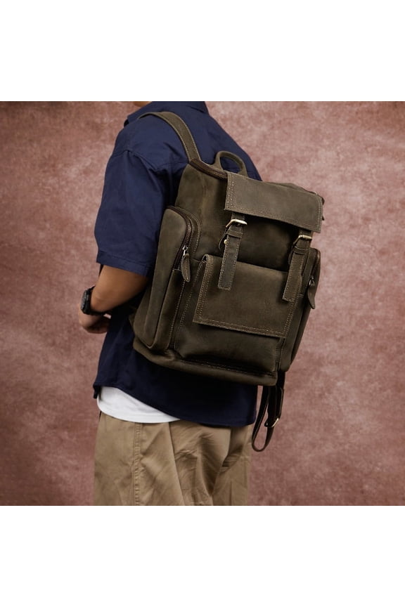Large Capacity Vintage Crazy Horse Leather Backpack,Army Green