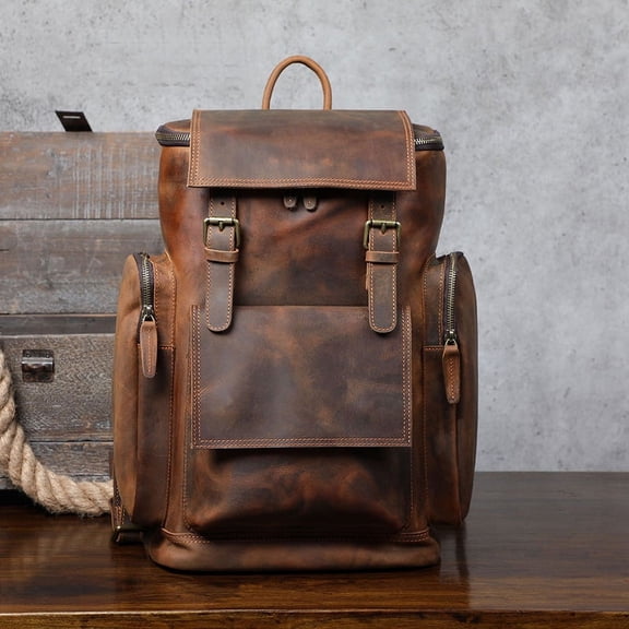 Large Capacity Vintage Crazy Horse Leather Backpack,Dark brown
