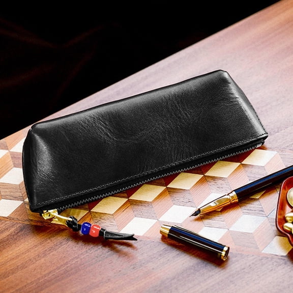 Large Capacity Vintage Soft Grain Waterproof Faux Leather Pencil Pouch Premium Gold Metal Zipper Color Bead Decorative Pull Spacious Trapezoid Flexible Storage for Office