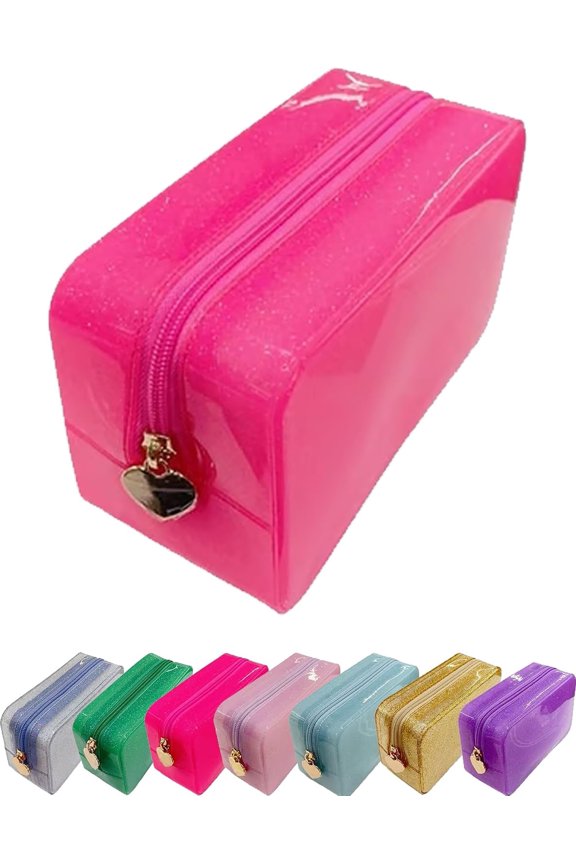 Large Capacity Waterproof Jelly Toiletry Bag Gold, PVC Jelly Cosmetic Pouch Translucent Travel Makeup Organizer, Wide Opening Zipper Case for Sunscreen & Skincare, Carry On Essential (S, Red)