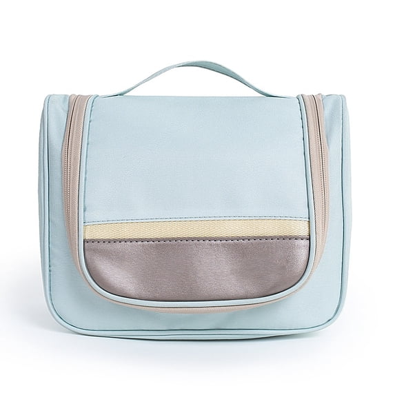 Large Capacity Waterproof Makeup Bag in Blue Polyester with Hooks for Easy Carry