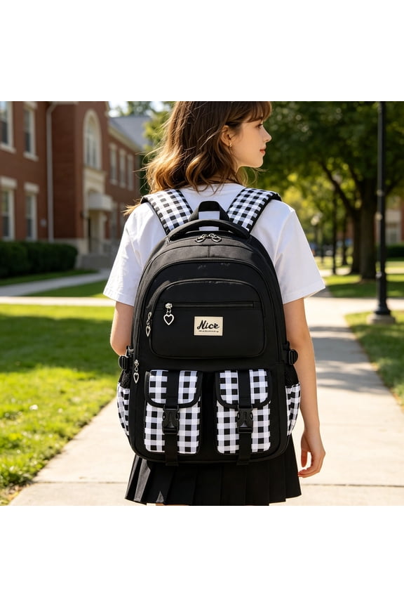 Large Capacity Waterproof Nylon Backpack, Plaid Casual Daypack with Multi-Pockets, Lightweight 3-Way Carry Bookbag for Daily Commute