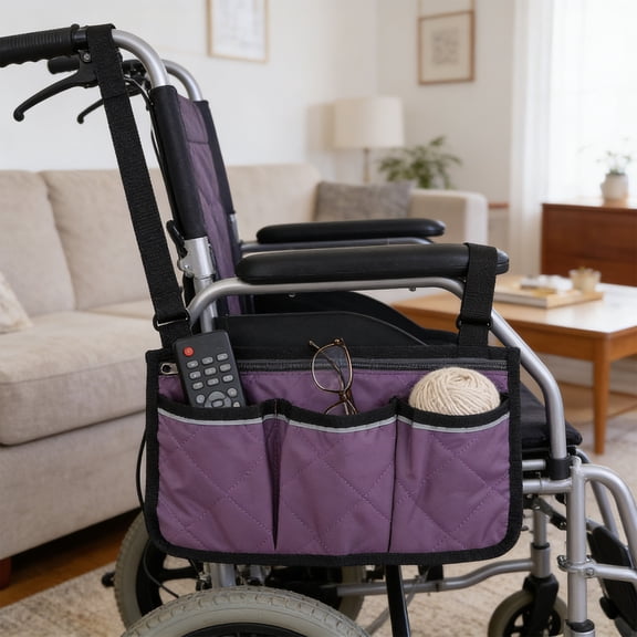 Large Capacity Wheelchair Armrest Storage Bag for Seniors, Multi-Pocket Organizer with Zipper for Wheelchairs & Walkers, Polyester, Black/Purple/Red/Blue