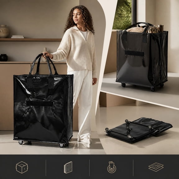Large Capacity Wheeled Shopping Bag 40x30x50cm Foldable Rolling Tote with Detachable Wheels & Protective Cover, Heavy-Duty Hand-Pull Grocery Bag for Moving Storage