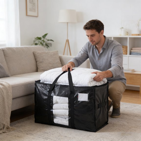 Large Capacity Window Opening Storage Bag, Durable Clothing & Quilt Organizer, Foldable Fabric Bag for Bedding, Blankets & Wardrobe Closet Organization, 27.6*13.8*16.5in, Black