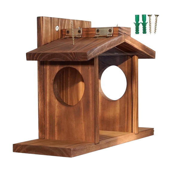 Large Capacity Wooden Squirrel Feeder with Acrylic Panel – Durable Bird Feeder Station for Chipmunks & Small Birds, Easy to Install and Clean