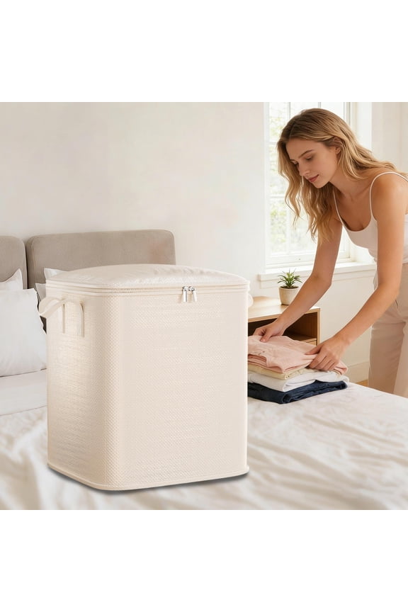 Large Capacity Woven Moving and Storage Bag with Zipper, Heavy Duty Plastic Organizer for Clothes, Bedding, Quilts, Collapsible & Reusable Luggage Tote, 54x47x30cm, Yellow/Black/White