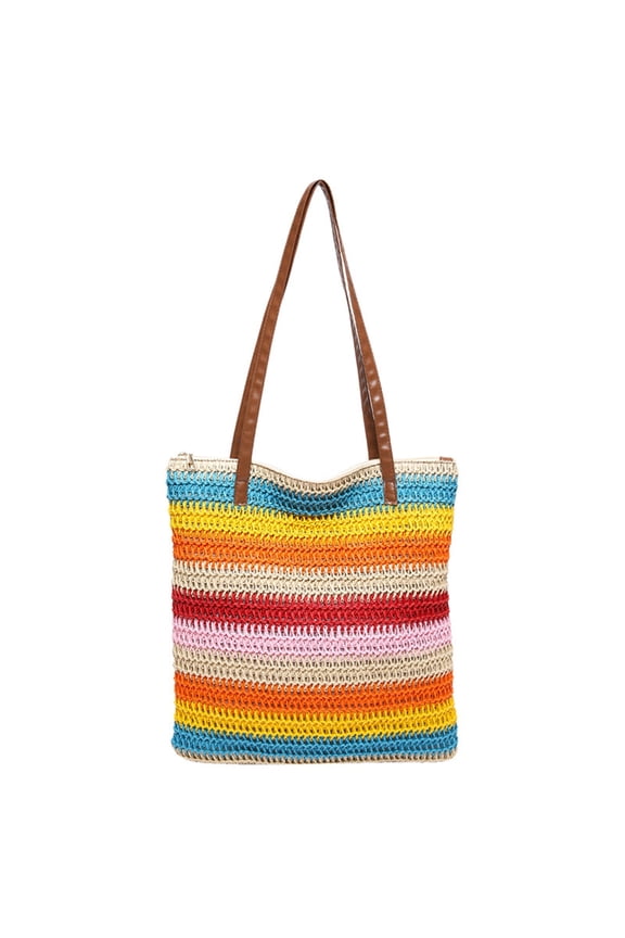 Large Capacity Woven Straw Tote Bag for Women Summer Beach Striped Handbag, Lightweight Dacron Material with Contrast Stripe Design, Spacious Interior for Daily Essentials and Travel