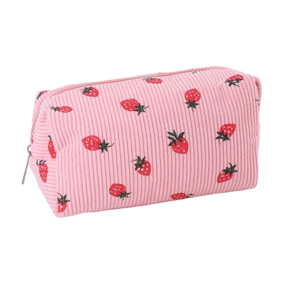 Large Capacity Zipper Pouch Aesthetic Desk Accessories Strawberry Cosmetic Bag Portable Stationery Organizer Beige