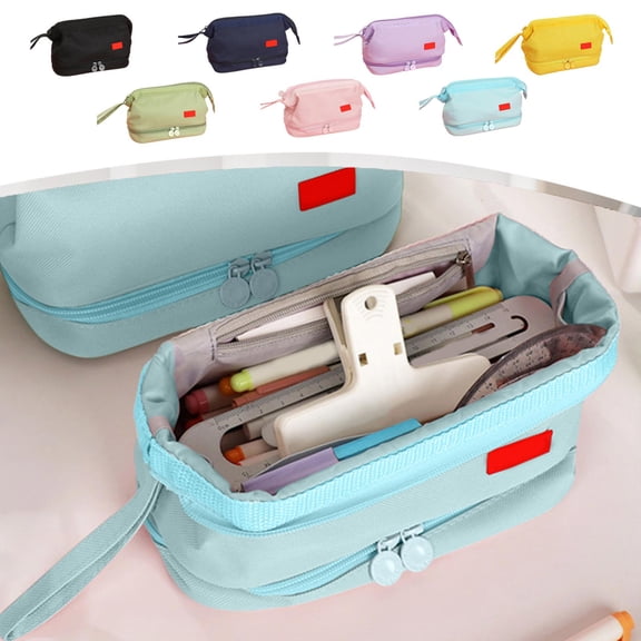 Large Capacity Zipper Pouch, Multi-layer Organizer for Stationery & Makeup, Reversible Nylon Pencil Case, Topliu
