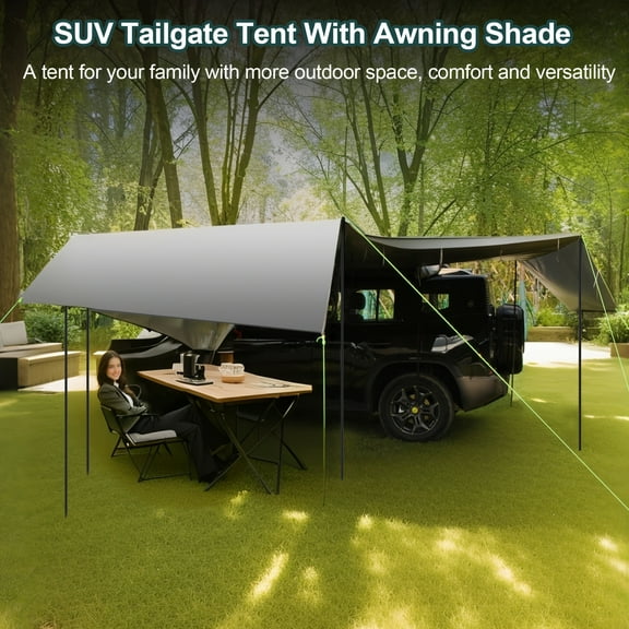 Large Car Awning Tarp for Camping Backpacking Tarp SUV Tailgate Truck Canopy Sun Shade Waterproof Outdoor Rear Vehicle Awning Shelter for Van, MPV, Campers