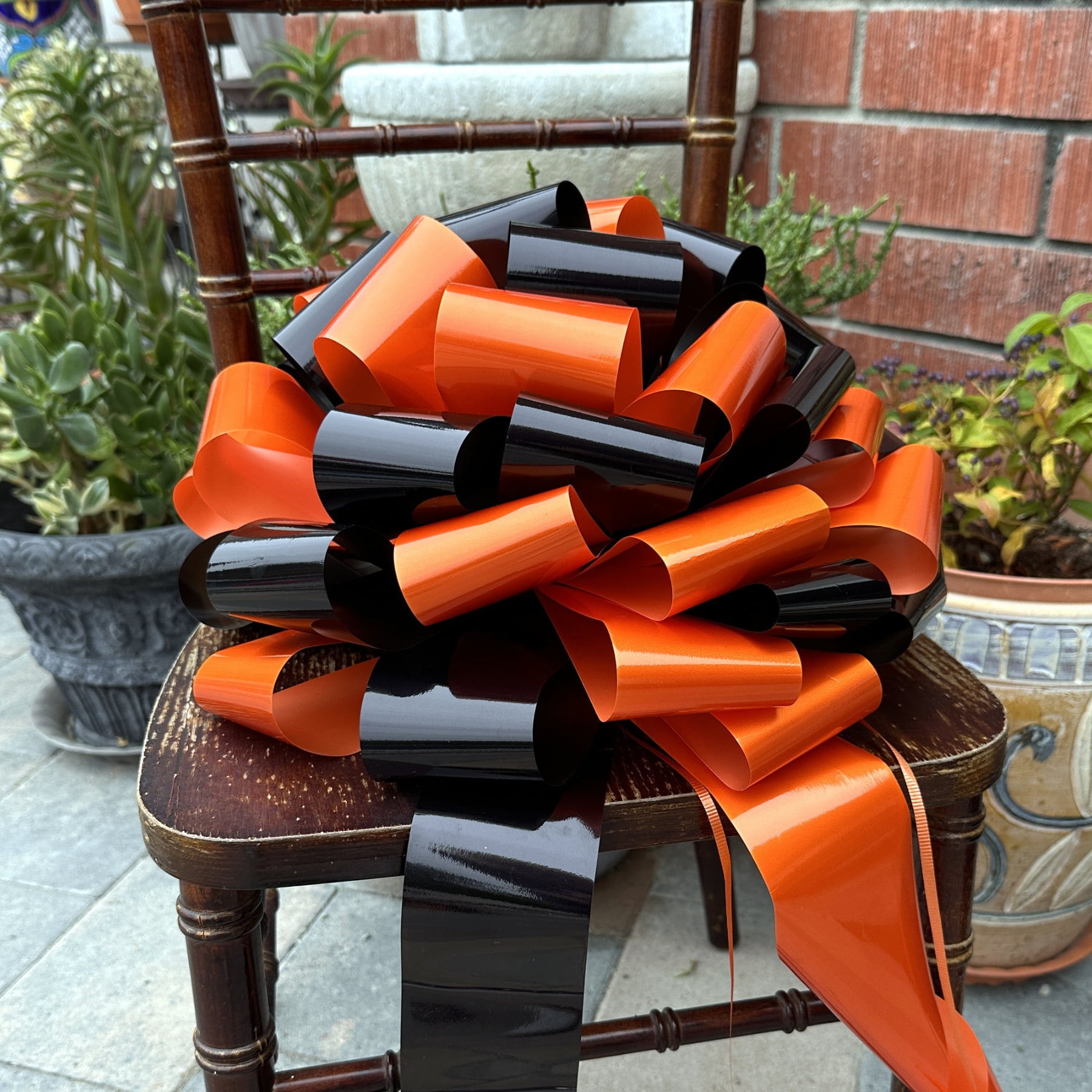 Large Car Bow, 16" Wide - Orange & Black, Halloween, Gift Bow