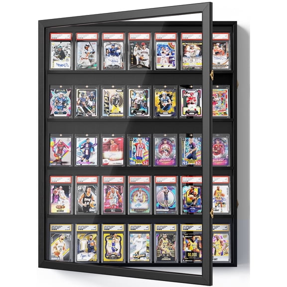 Card Display Case, 35 Graded Sports Display Frame with UV Protection Clear View Lockable for Football Baseball Basketball Hockey Comic Trading Cards,Black