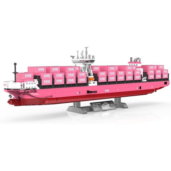 Large Cargo Ship Building Blocks Set with Pink Container, ONE Innovation Vessel Model Kit, City Freight Building Decoration, Shipping Boat Collection, Nautical Enthusiast - 1438PCS