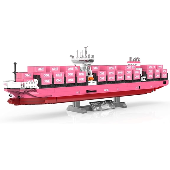 Large Cargo Ship Building Blocks Set with Pink Container, ONE Innovation Vessel Model Kit, City Freight Building Decoration, Shipping Boat Collection, Nautical Enthusiast - 1446PCS