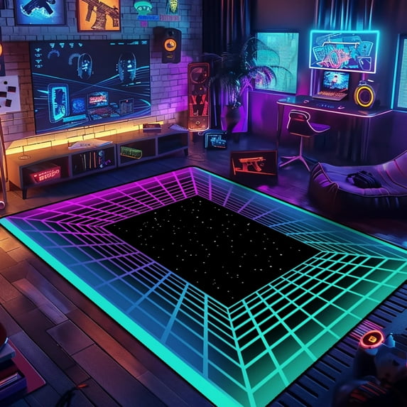 Large Carpet 3d Visual Grid Carpet E-sports Room r Cyberpunk Rug Large Area Bedroom Non-slip Floor Mat Machine Washable Soft Rugs Mats