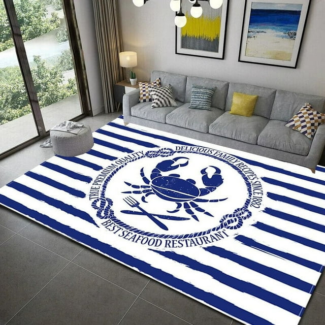 Large Carpet Dark Blue Stripe Ocean Lighthouse Area Rug Anchor Boat r