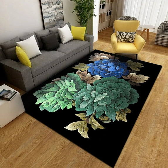 Large Carpet Europe Style Black Floral Carpet for Modern Living Room 3D Flower Pattern Print Rectangle Bedroom Mat Parlor Hallway Carpets Rug