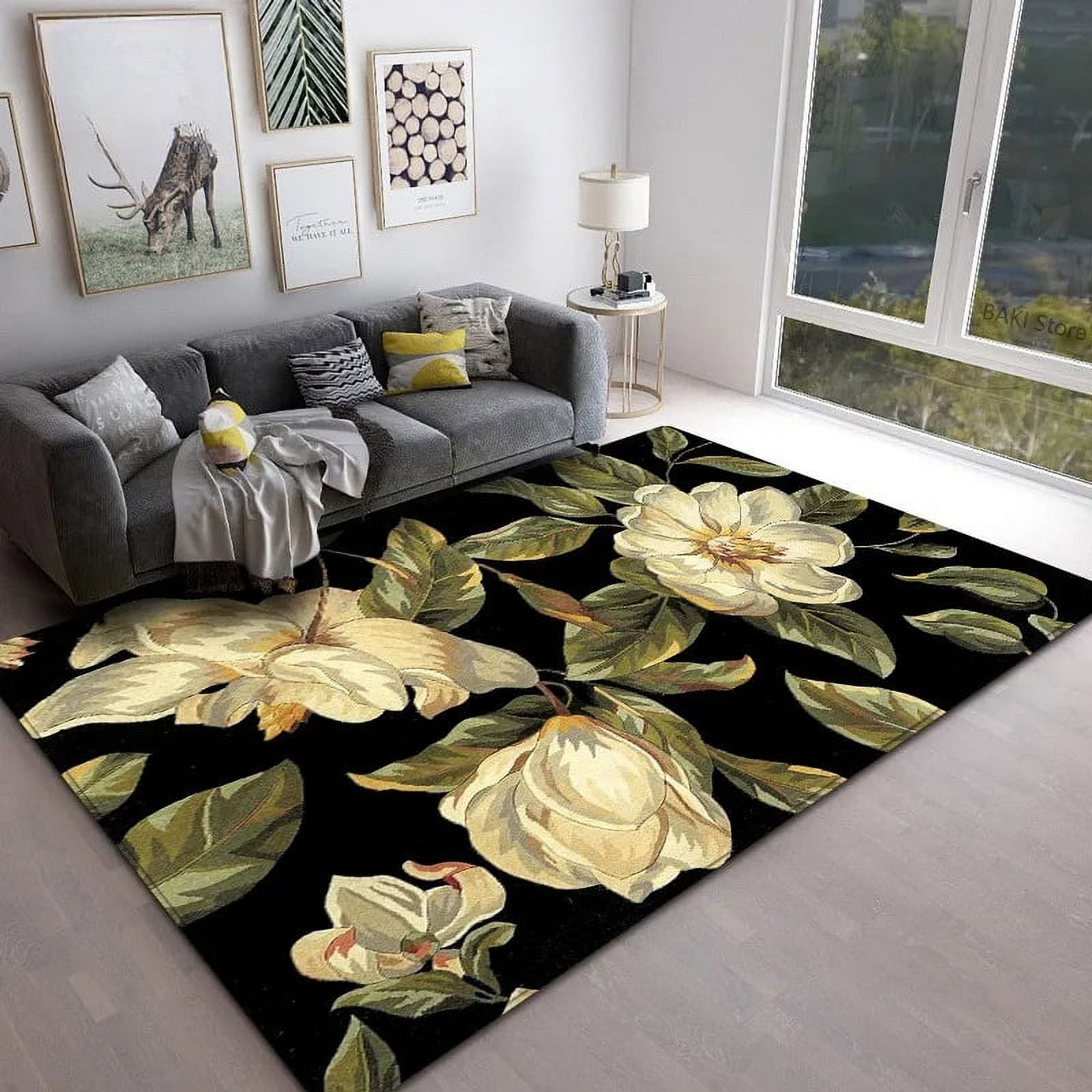 Large Carpet Retro Black Flower Carpet American Style Floral Birds Room