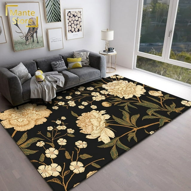 Large Carpet Retro Black Flower Carpet American Style Floral Birds Room