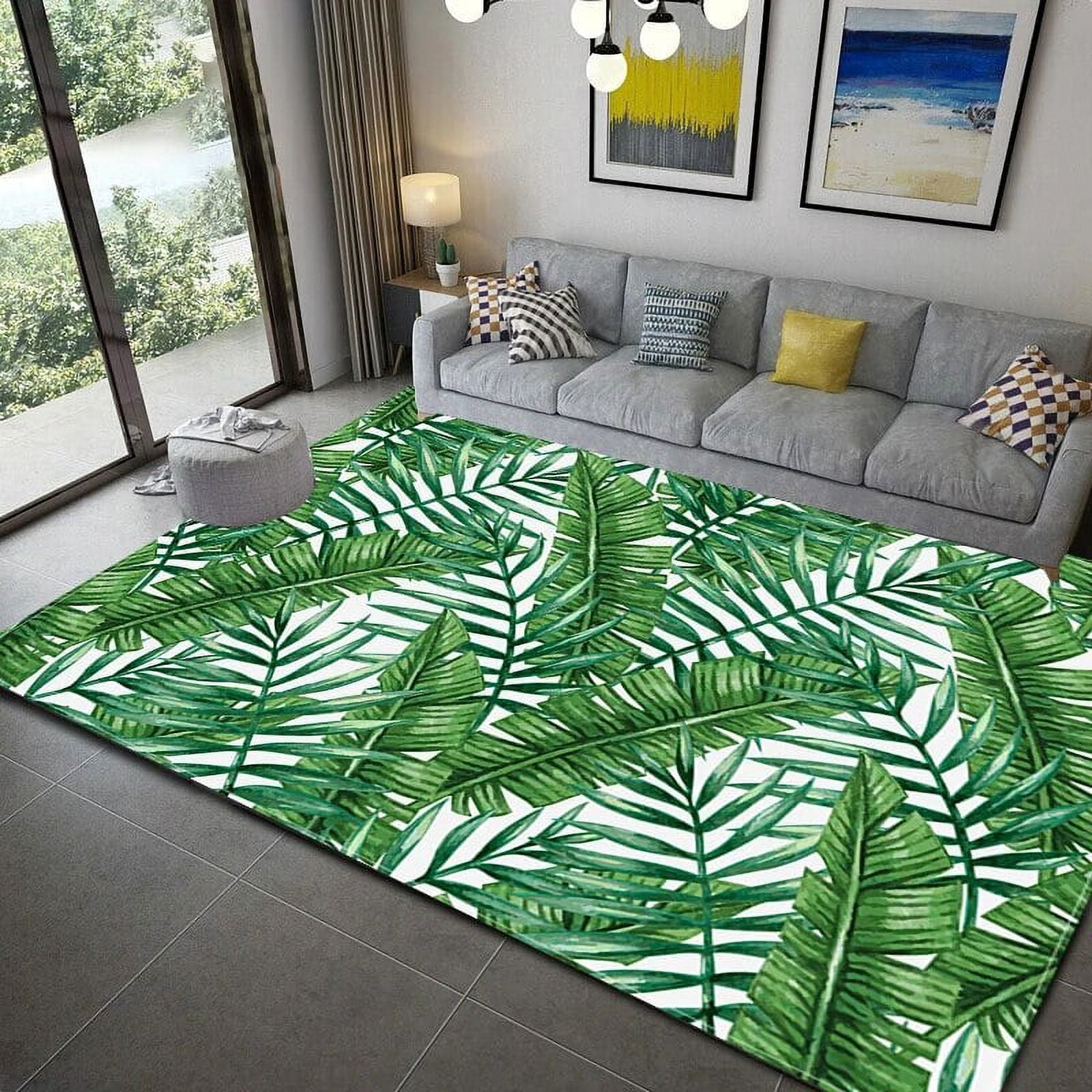 Large Carpet Tropical Green Leaves Area Rug Watercolor Painting