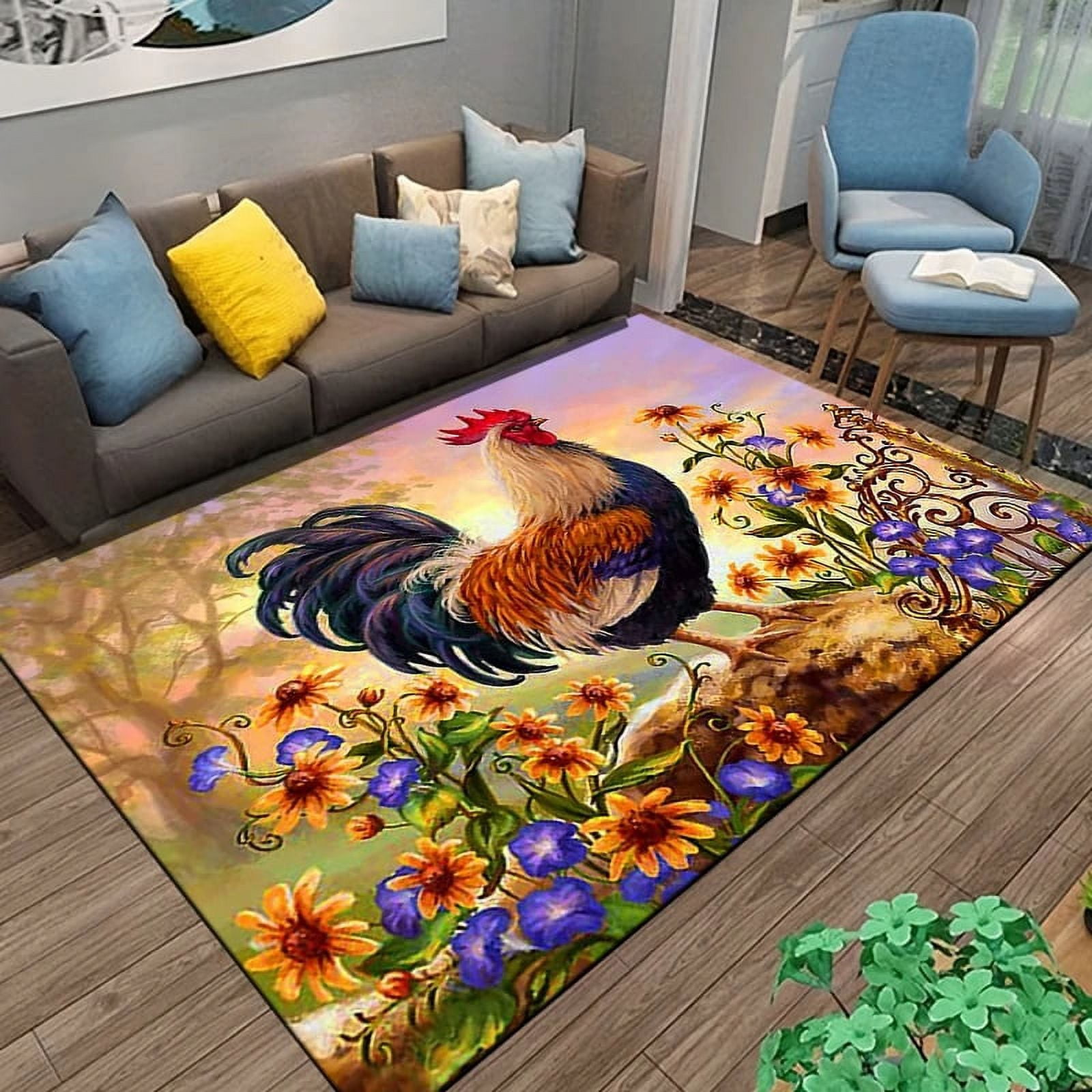 Large Carpet Vintage Rooster and Hen Chicken Area Rug Rug for Living ...