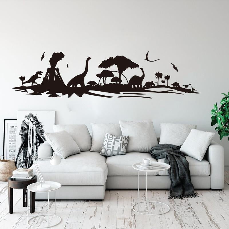 Large Cartoon Dinosaur Woodland Bird Animal Wall Sticker Nursery Kids Room Dino Jungle Tree Wall Decal Boys Bedroom Decor 166x42cm