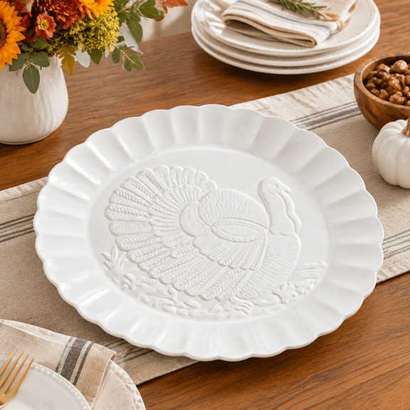 Large Carved Ceramic Turkey Serving Platter, 18 Inch, White with Scalloped Edge