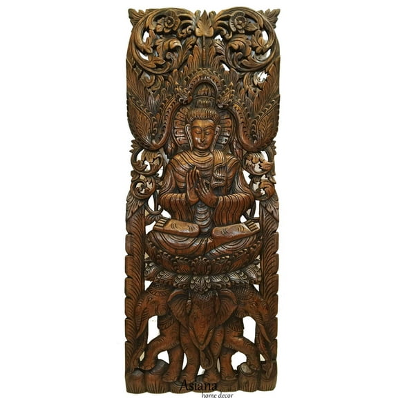 Large Carved Wood Panel. Buddha on Elephants Wood Wall Art Decor. Dark Brown Finish 35.5"x13.5" Extra Thick