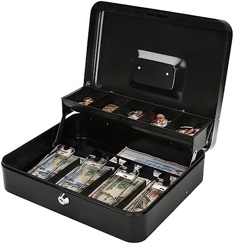 Large Cash Box with Money Tray and Lock - Safe Box for Cash Saving Key Lock Money Organizer Box, 11.8L x 9.5W x 3.5H Inches, Black, SM-CB0501L, XLarge