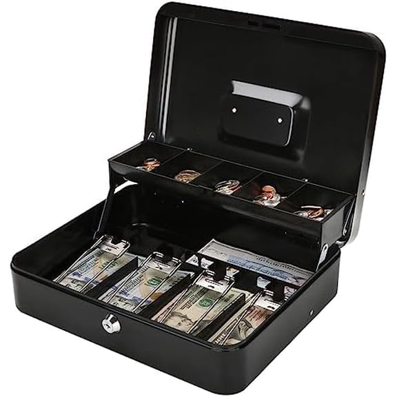 Large Cash Box with Money Tray and Lock - Safe Box for Cash Saving Key Lock Money Organizer Box, 11.8L x 9.5W x 3.5H Inches, Black, SM-CB0501L, XLarge