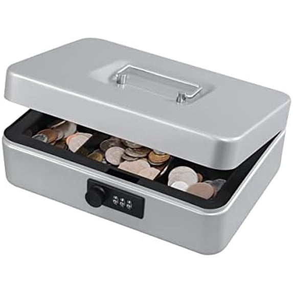 Large Cash Box with Combination Lock,Safe Metal Box for Money, Storage Lock Box with Money Tray,9.84"x 7"x 3.54" Lightgrey Large