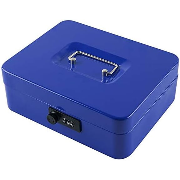 Large Cash Box with Combination Lock,Safe Metal Box for Money, Storage Lock Box with Money Tray,9.84"x 7.87"x 3.54" Blue Large