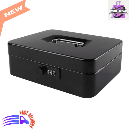 Large Cash Box with Combination Lock Safe Metal Money Box, Money Tray, Black