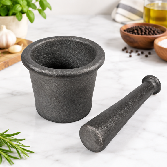 Large Cast Iron Mortar and Pestle Set for Ore, Rock, and Kitchen Use