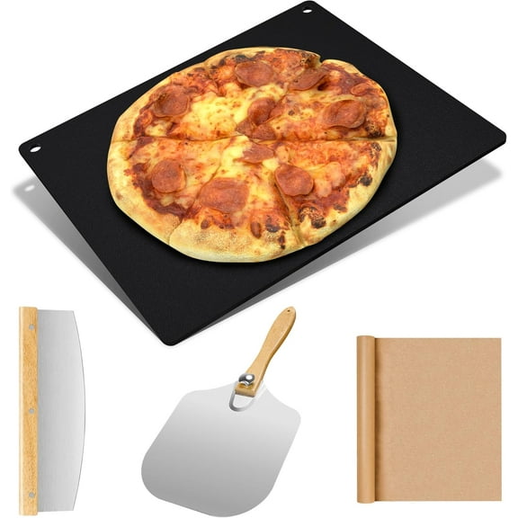Large Cast Iron Pizza Stone Set for Oven & Grill - 16x13.4x1/4 Inch Steel Pizza Baking Stone, 4 PCS Pizza Making Accessories Kit for Barbecue, Sourdough Bread & Large Pizzas