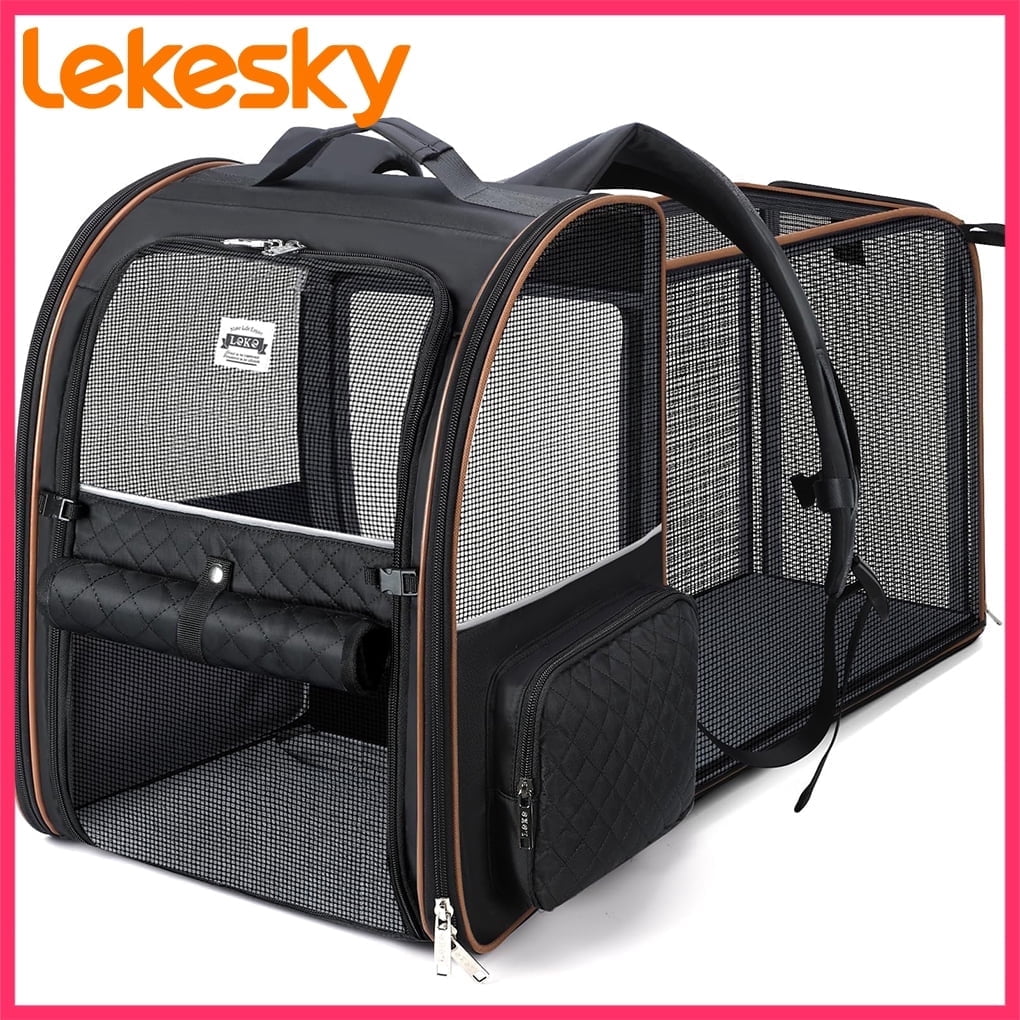 Lekesky - Expandable Cat Dog Backpack Carrier for Travel - Max Airflow, 4 Entrances, Folds Flat, Holds Pets Up to 18 Lbs, Safety Leash Included, Black