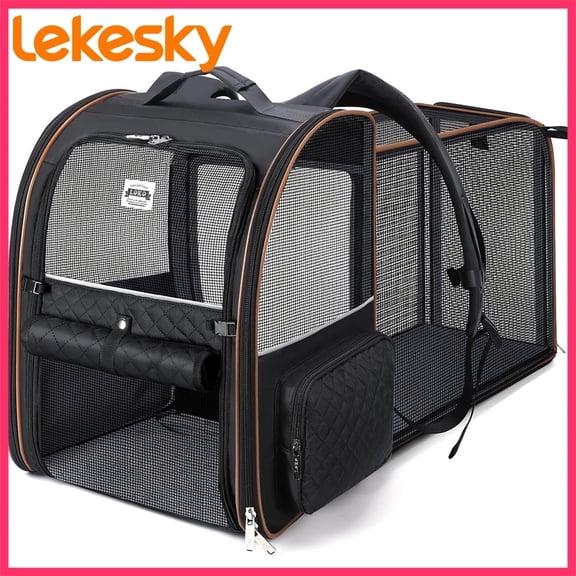 Lekesky - Expandable Cat Dog Backpack Carrier for Travel - Max Airflow, 4 Entrances, Folds Flat, Holds Pets Up to 18 Lbs, Safety Leash Included, Black