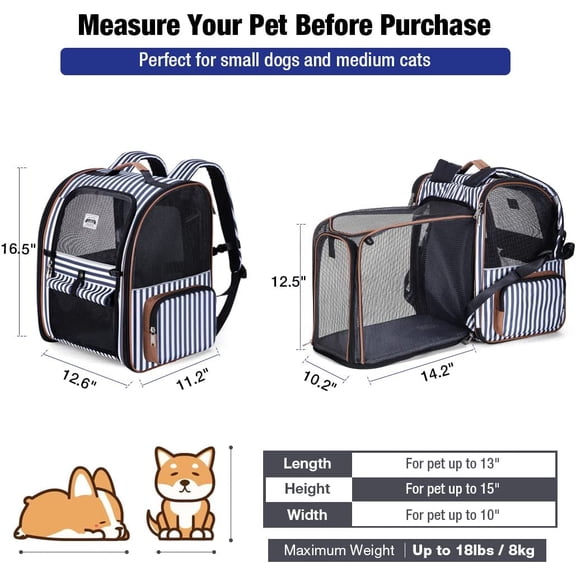 Large Cat Backpack Carrier Expandable Pet Carrier Backpack for Small Dogs Medium Cats Fit Up to 18 Lbs, Dog Carrier Backpack, Puppy Backpack Carrier, Blue Striped
