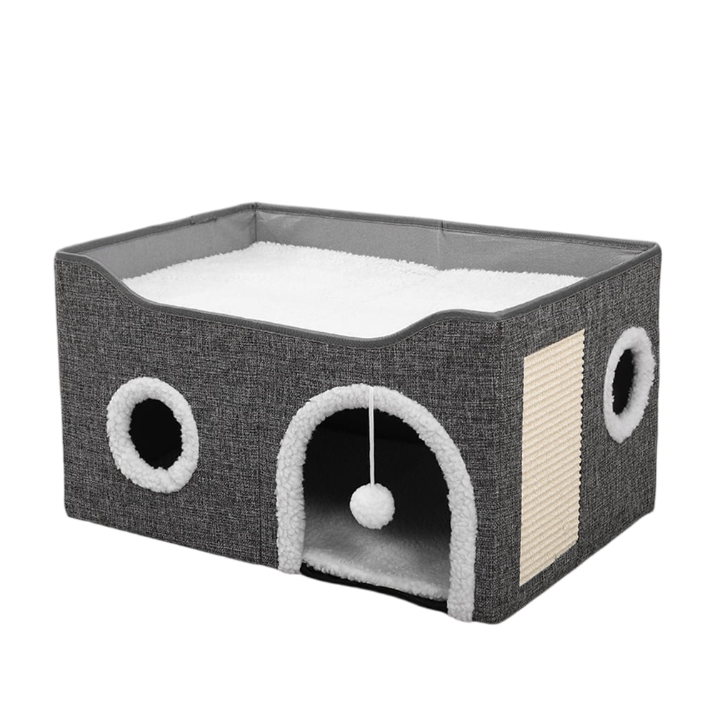 Large Cat Bed Cave Cat Hideaway, Foldable Cat Scratcher House, Big Cat Bed for Idoor, Cute Cave with Ball Toy, Fabric Pet Furniture, Big Condo for Multi Small Pet Large Kitten Kitty
