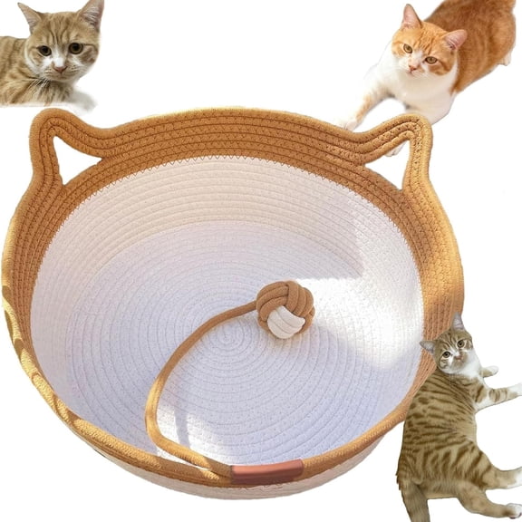 Large Cat Bed Rope Cotton, Eliminates Bed Rejection Round Pet Basket, Boho Catbed for Cats Handwoven Scratchable Breathable Weave