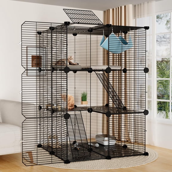 Large Cat Cage Indoor: Enclosed Cat Enclosure DIY Pet Playpen Detachable Metal Wire Kennel Sturdy Crate with Hammock for Cats Kitten
