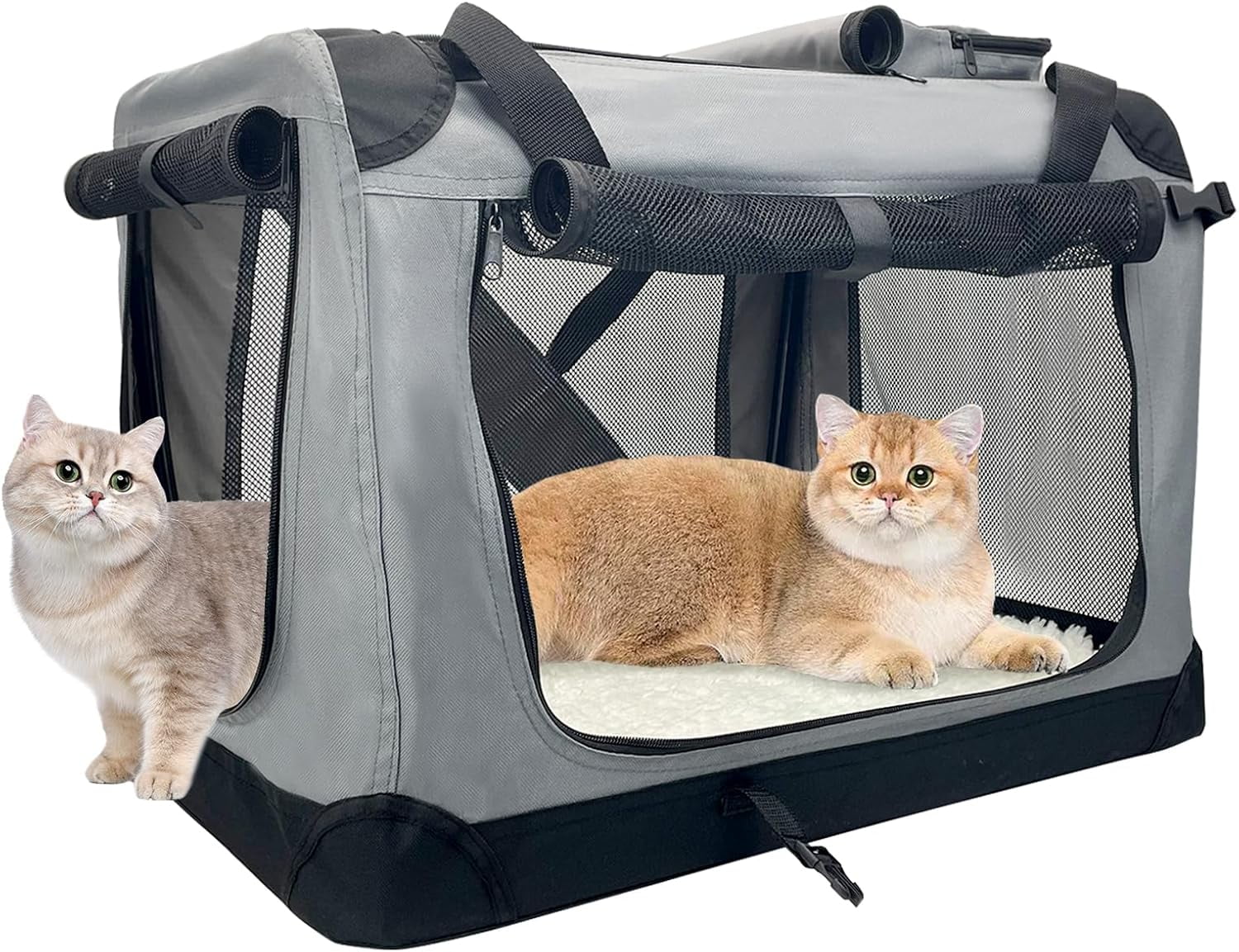 Large Cat Carrier for 2 Cats, 24"x17"x17" Soft Dog Crate Collapsible Portable Travel Pet Carrier Bag Durable Breathable Foldable Kitten Carrier Bag for Puppy Cats Under 45 Lbs Grey
