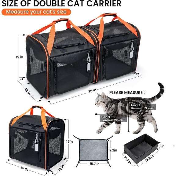 Large Cat Carrier 2-in-1 with Litter Box & Bowl, Portable Cat Carrier Hard for 2 Cats, Double Cat Travel Carrier with Safety Locking Zippers, Ideal for Long Distance Trips, Outdoor Adventures
