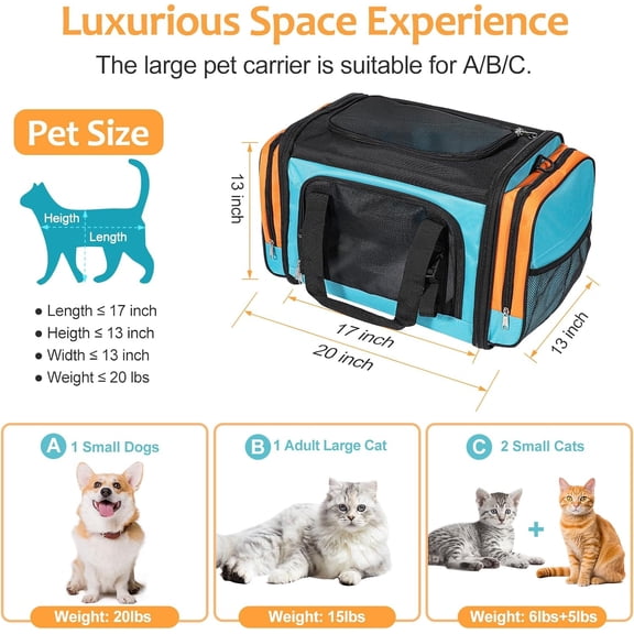 Large Cat Carrier, Pet Carrier, Dog Carrier for Small Dogs, Cat Carrier Soft, Collapsible Large Pet Carrier for Traveling Indoor and Outdoor Uses - Blue 20"x13"x13"