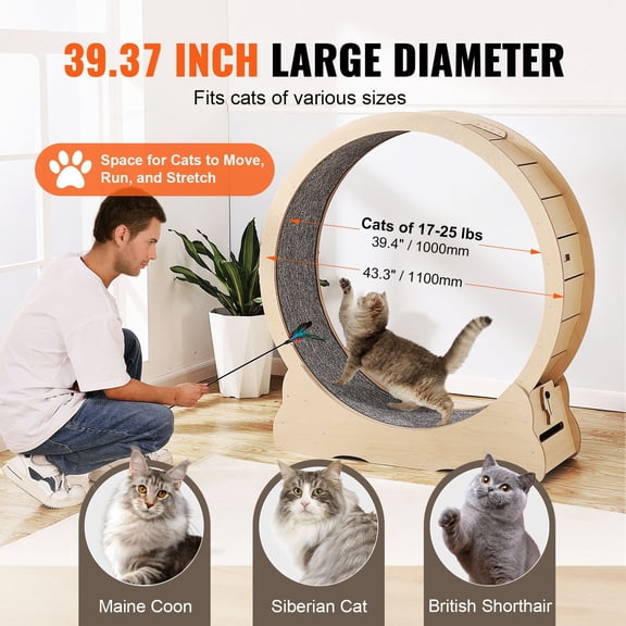 Large Cat Exercise Wheel, 43.3" Indoor Cat Treadmill with Removable Carpet & Toy, Perfect for Cat Running, Walking, and Training - Yellow